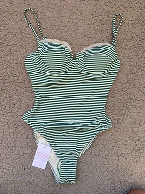 NWT Dippin' Daisy's Cream Swimwear with Green Stripe Trim